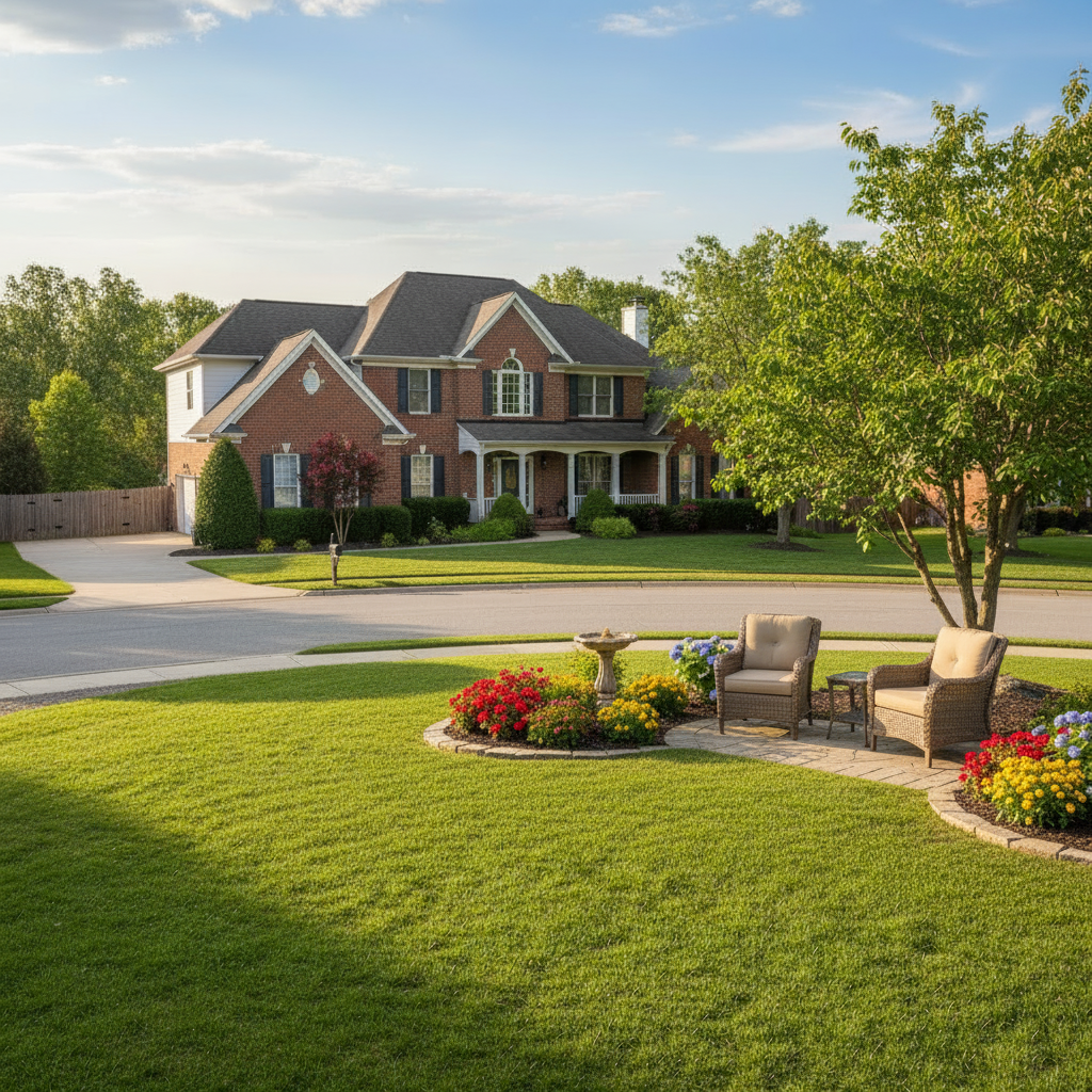 A house yard, no lawnmower, focus on landscaping and relaxing outdoor atmosphere