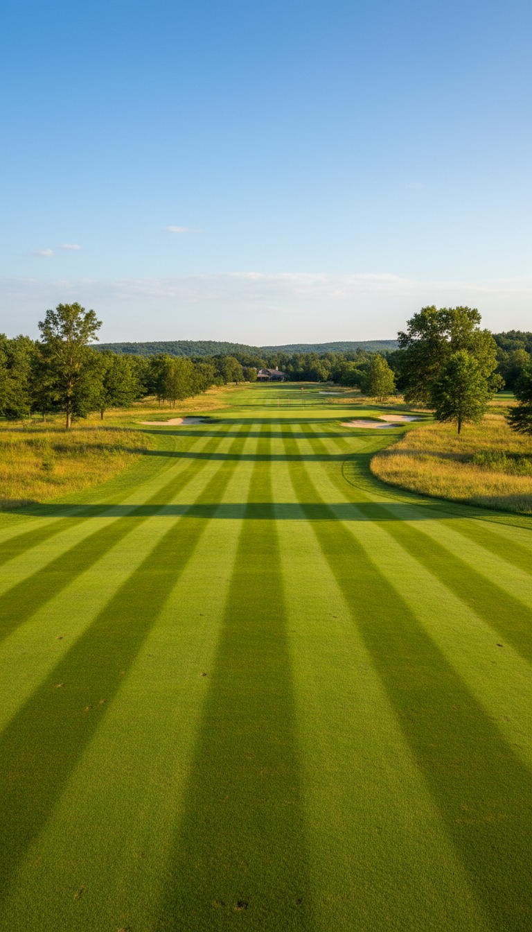 a long fairway that is perfectly mowed with lines
