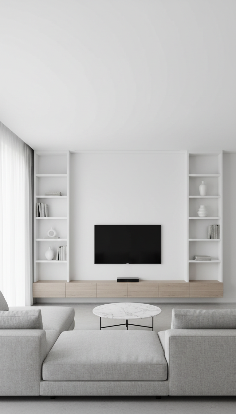 A modern living room wall with a TV mounted in the center and tall, white, straight bookshelves on both sides of the TV. The bookshelves are built into the wall and are not curved. Room is bright and minimalistic.