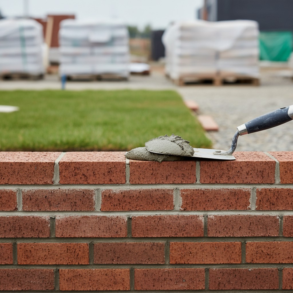 A close-up of a trowel resting atop a incomplete brick wall with a grassy area in the background.