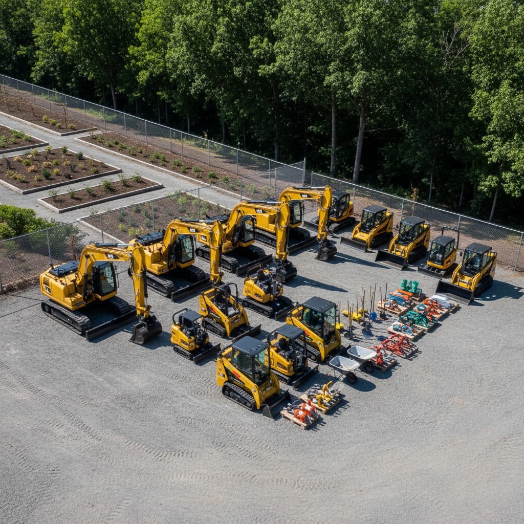 A collection of excavators and other construction equipment in a lot, with trees in the background and raised garden beds ...
