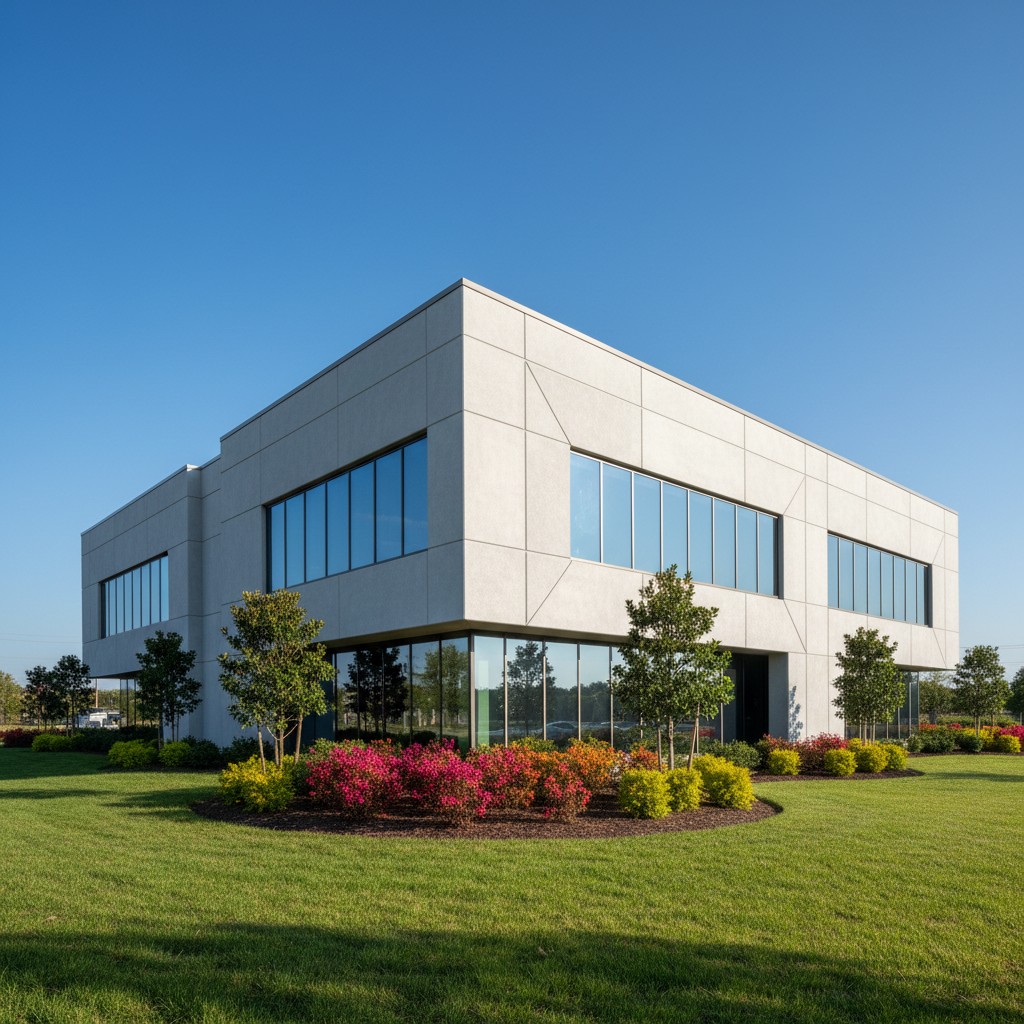 Facade of a modern office building with a well-manicured lawn and multicolored shrubbery.
