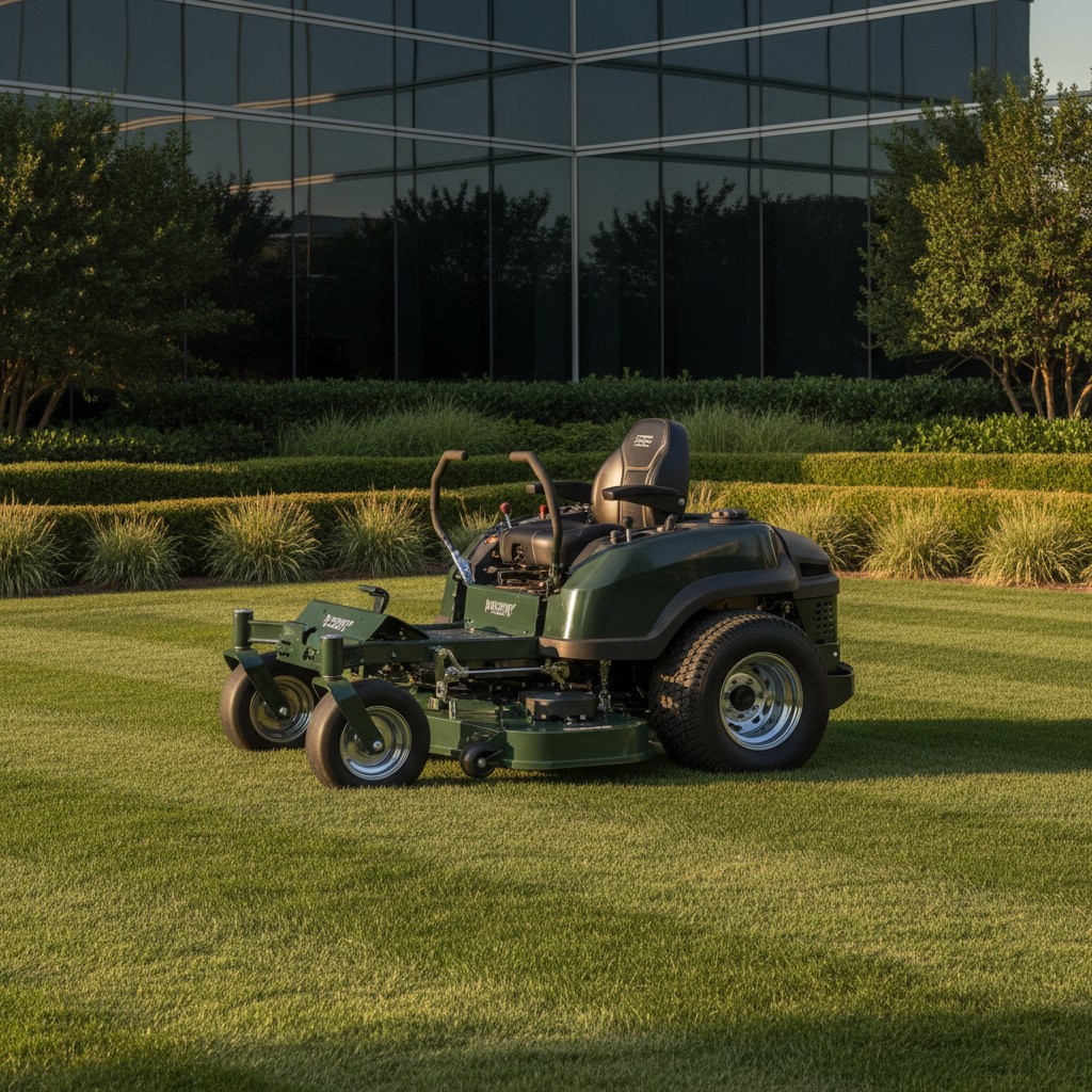 A commercial zero-turn lawn mower in a corporate business park.